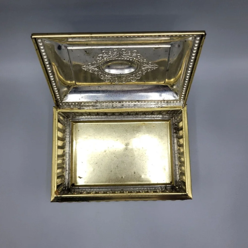 Vtg Footed Tea Tin Box Pink Faux Marble Jewelry Trinket Box Shelf Decor AS IS